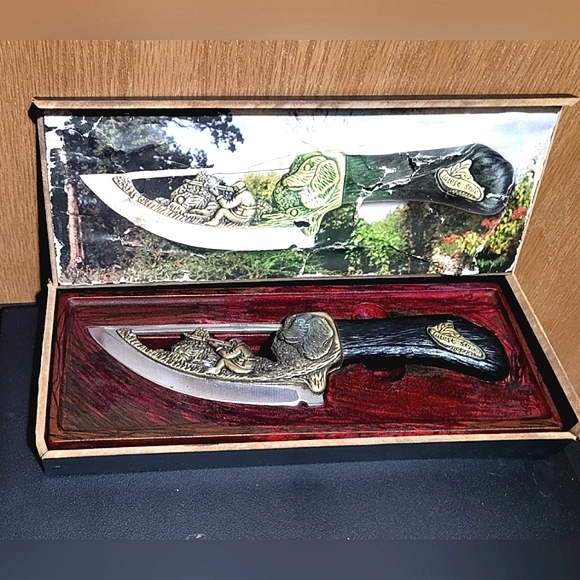 Other - Collectors Vtg Brass and Stainless Steel Fixed Blade Knife w/Dog and Hunter …